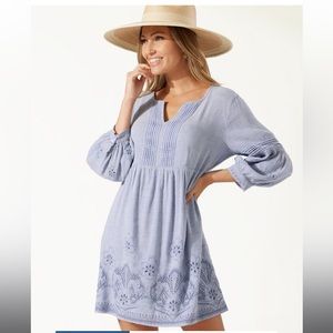 St. Lucia Linen-Blend Split-Neck Dress NWT Size L Billowy Blue